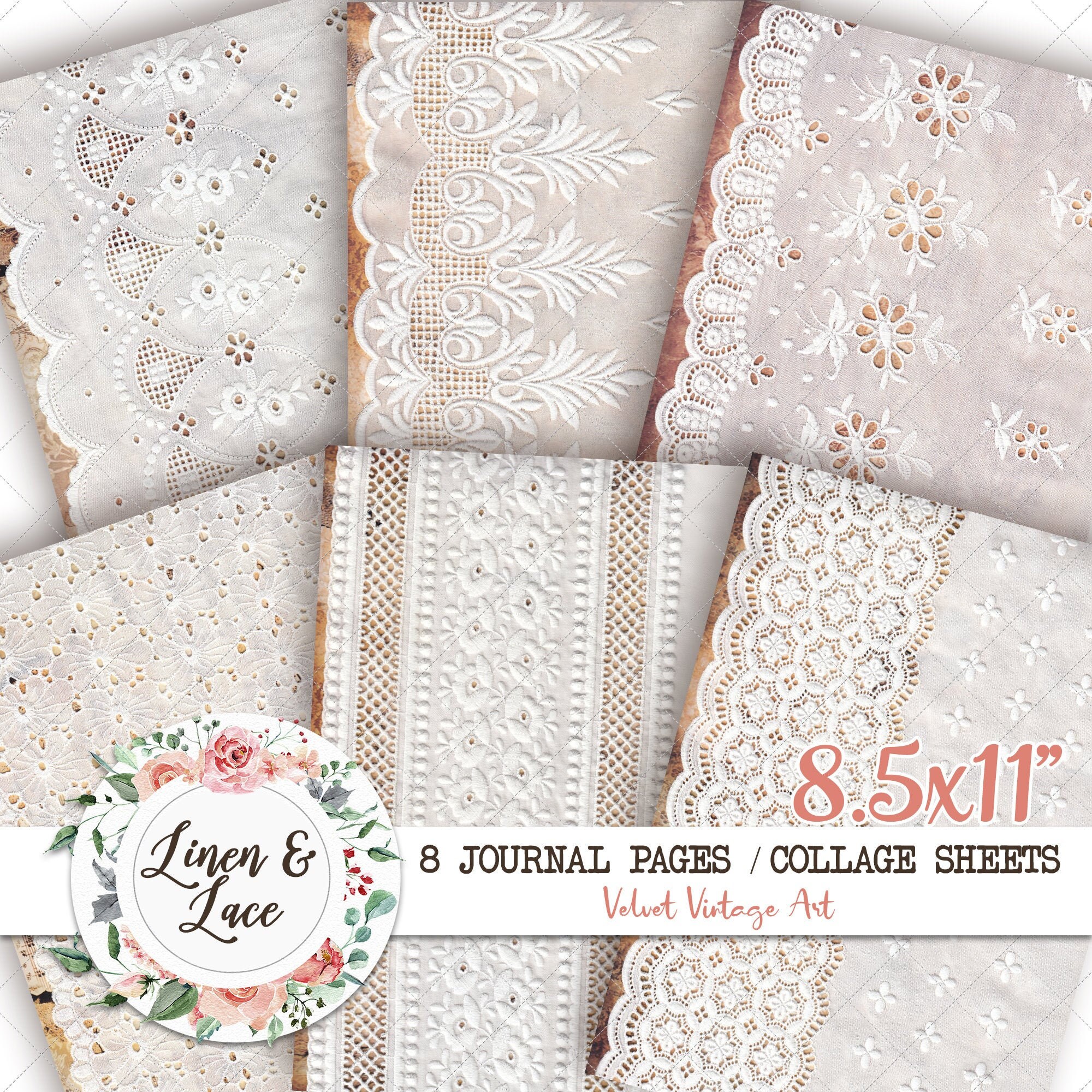 Journal Pages Linen And Lace Printable, Lace Journal Digital Kit, Vin…