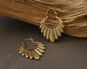 Brass hoop earrings, feathers