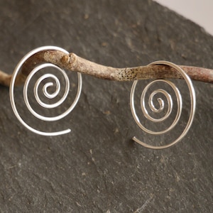 Könnte beinhalten: Ein Paar silberne Spiral-Creolen. Die Ohrringe sind aus dünnem Draht gefertigt und haben die Form einer Spirale. Sie hängen an einem Zweig.
