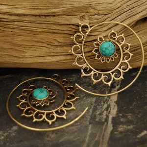 Brass spiral, earrings with turquoise