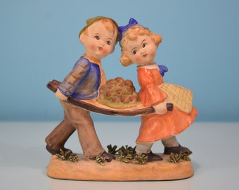 Ucagco Figurine Apples Boy Girl Carrying A Bushel Fine Rare Vintage Antique Collectible Cute Ceramic Young Brother Sister Apple Figurine