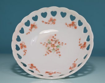 Beautiful And Intricate, Porcelain Trinket Bowl Or Pin Dish, Hand Painted Signed & Dated By G. Bannick, Rare! Orange Flowers, Heart Cut Outs