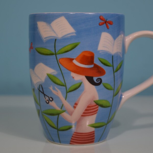 Taza café, taza de porcelana rara, Sarah Wilkins, Barnes & Noble exclusiva, nunca utilizado, tema de libros de lectura