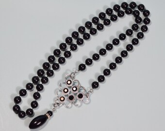 Avon Necklace Black Beads & Rhinestone Pendant Vintage