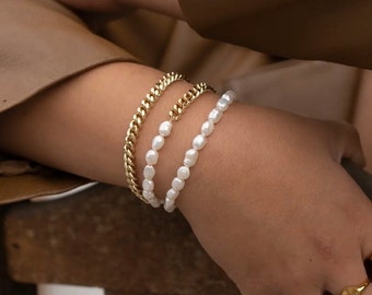 Chain Pearl Gold Bracelet - Statement Bracelet - Freshwater Pearl Bracelet - Gold & Pearl Bracelet - Gold Chain Link Bracelet