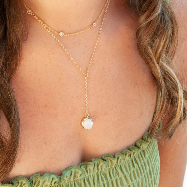 Druzy Lariat Necklace - Dainty Necklace - Delicate Y Necklace - Gold Lariat - Gold Necklace - Layering Necklace - Stackable Jewelry