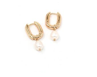 Freshwater Pearl Drop Huggies - Freshwater Pearl Earrings - Gold & Pearl Hoops - Gold Statement Hoops - Pearl Hoops - Gold Hoop Earrings