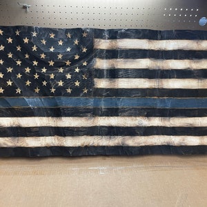 Wood Wavy Thin Blue line flag - Large- Large