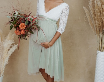 Constant Love® Green Maternity Fashion Pregnancy Skirt Midi Long Tulle Skirt - Bridal Skirt Bridal Wedding - Registry Office