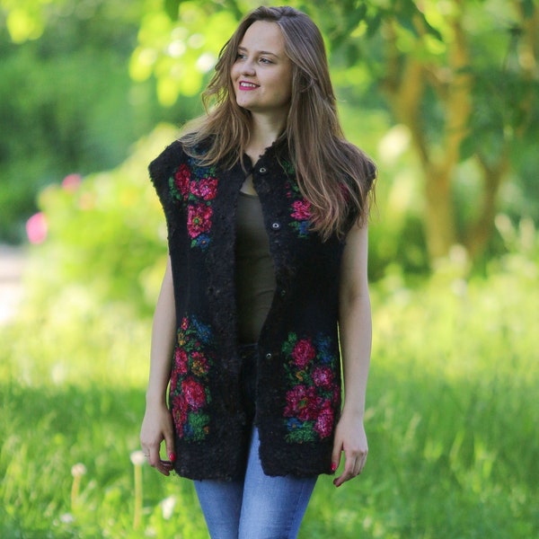 Ukrainian Merino Wool and Fleece Vest, Felt Vest in the Ukrainian Folk Style, Black Vest with Floral Print, Women's Elongated Wool Vest