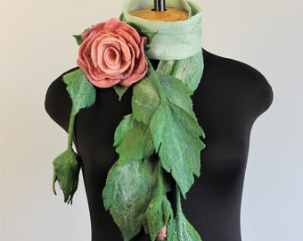 Felt Flower Scarf and Rose Brooch, Felted Leaf Necklace and Large Wool Rose, Flower Belt, Gift for Her, Felt Home Decor