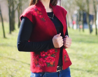 Marsala Felted Vest in the Ukrainian Folk Style, Woolen Women's Vest with Floral Print