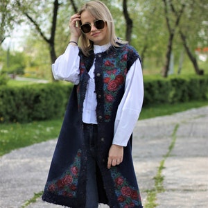 Felt Blue Vest in the Ukrainian Folk Style, Blue Vest with Floral Print, Women&#39;s Elongated Wool Vest