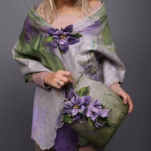 Felted Accessories Set, Flower Brooches, Nunofelted Scarf, Wool Bag