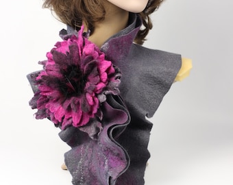 Handmade Felted Scarf Collar with Fuchsia Flower Brooch