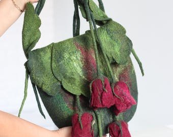 Handmade Felted Shoulder Bag with Burgundy Roses, Green Floral Textile Bag