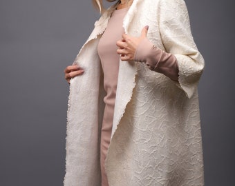 Felted White Wool Coat, White Cardigan, Cozy Wool, Long  Cardigan for Women, Wedding Boho Coat, Winter Wedding Wrap, Coat Free Silhouette