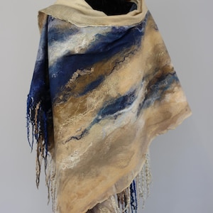 Handcrafted Nuno Felted Wool Silk Scarf - Blue Beige Shawl