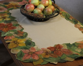 Felt Tablecloth with Autumn Flowers and Leaves, Table Runner with Felt Decor Autumn, Table Runner Felt Home Decor, Halloween Table Cover