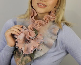 Felt Small Boa Scarf + Felt Brooch Flower, Women's Elegant Scarf, Felt Scarf Collar, Gift for Her