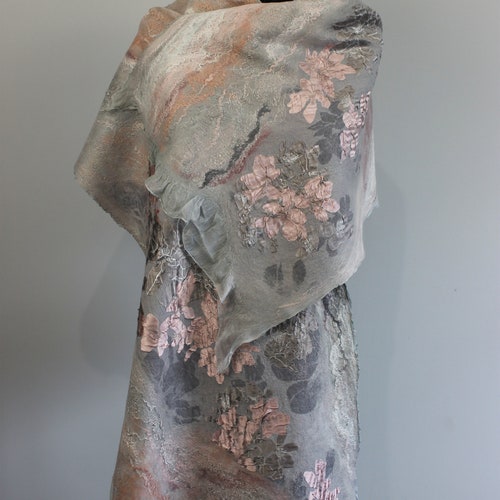 Nuno Felted Light shops Gray Pink Scarf, Felt Wool Silk Scarf, Scarf with flowers, Party Stole, Light Stole, Gift for Her