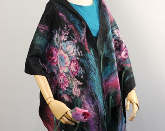 Nuno Felted  Black Scarf with Roses,  Floral Women's Shawl, Scarf in Gift Box, Romantic Gift, Scarf for Ladies