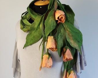 Felt Flower Scarf,  Рeach  Rose Liana, Fashion Women&#39;s Scarves, Handmade Woolen Shawl, Felt Gift For Her