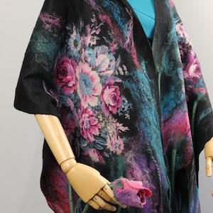 Nuno Felted  Black Scarf with Roses,  Floral Women&#39;s Shawl, Scarf in Gift Box, Romantic Gift, Scarf for Ladies