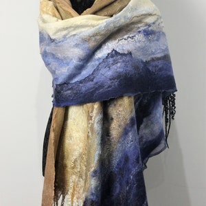 Nuno felted scarf made of wool and silk, blanket scarf, Pallantine Sea and Sand, gift for her, Blue and Beige-Brown large stole
