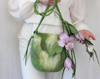 Handmade Felted Wool Shoulder Bag with Floral Detail