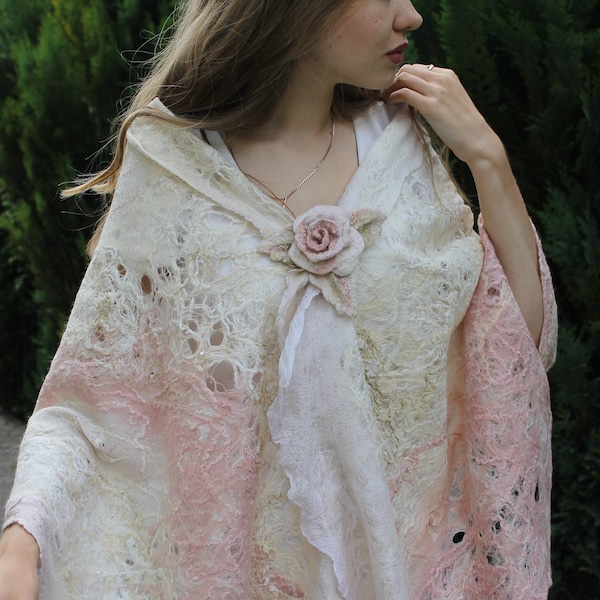 Shawl Cobweb Pius Brooch Rose, Nuno Felted Scarf, Scarf Handmade Silk and Wool, Spring Collection, Gift for Women, Wedding Fashion