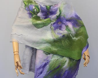 Nuno Felted Floral Shawl, Purple with Grey Silk and Wool Large Scarf