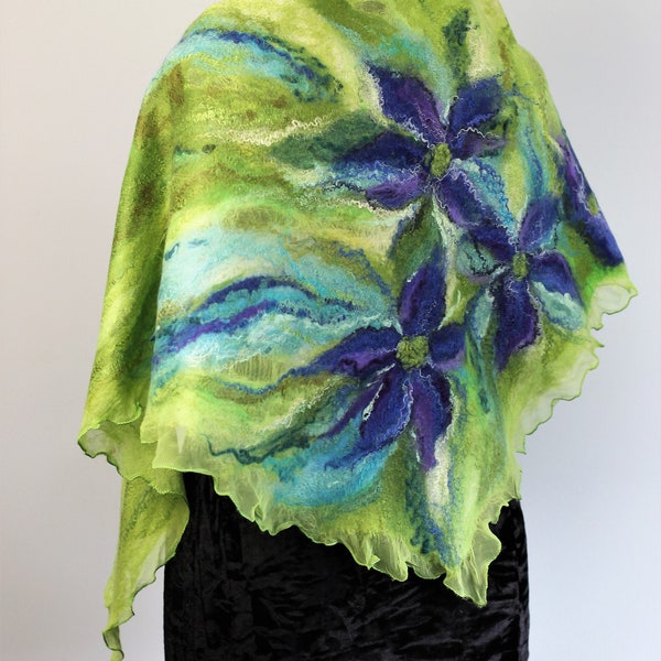 Nuno Floral Felt Shawl, Bright Shawl, Gift for Her, Bright Light Green Silk and Wool Shawl