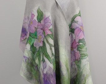 Nuno Felted Floral Shawl, Light Purple with Grey Silk and Wool Large Scarf