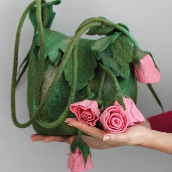 Felted Wool Bag with Pink Rose Flowers, Handmade Green Shoulder Bag