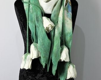 Nuno Felted Scarf, Palatine with WhiteTulips, Wool Palatine With Butterflies, Romantic Style Scarf for Ladies, Scarf with Tulips