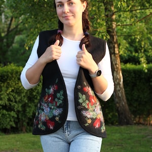 Felted Black Vest with Floral Print, Ukrainian Wool Vest, Felt Vest in the Ukrainian Folk Style, Vest , Women&#39;s Wool Vest