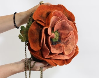 Bolso de amapola de fieltro hecho a mano, bolso de lana merino, bolso de hombro floral