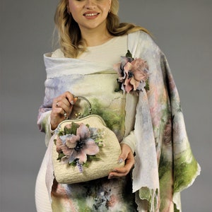 Felted Set of Accessories: Palatine+Bag+Brooch, Nunofelted Scarf, Felted Bag with Clasp, Brooch Flower, Felt Bag with Flowers, Wedding Shawl