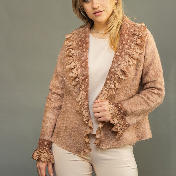 Felted Fur, Curly Jacket, Beige Women's Merino and Fleece Jacket, Bohemian Style Jacket, Pure Real Wool Fleece Warm Jacket, Jacket with lace