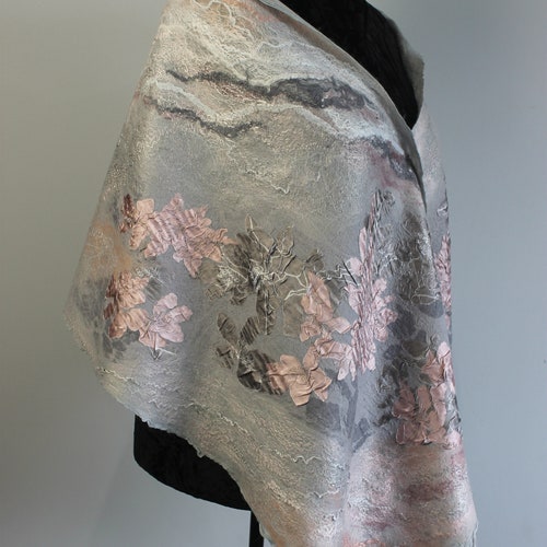 Nuno Felted Light shops Gray Pink Scarf, Felt Wool Silk Scarf, Scarf with flowers, Party Stole, Light Stole, Gift for Her