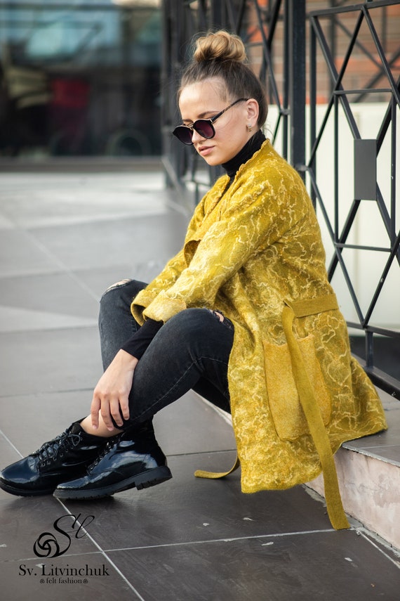 FeltingSvLitvinchuk Felted Cardigan, Light Spring Coat, Boucle Coat, Mustard Сardigan, Womens Coat, Casual Coat, Elegant Coat, Fashion Cardigan, Oversized Сoat