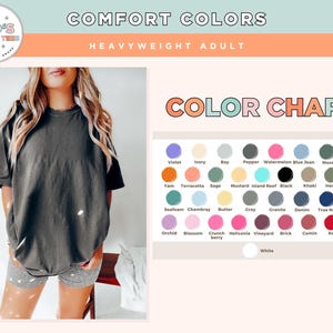 May include: A color chart showing 28 different colors for t-shirts. The colors are arranged in rows and columns. The chart is labeled "Color Chart".