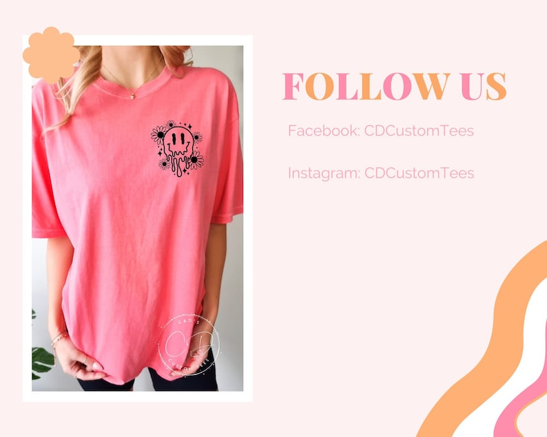 May include: A pink t-shirt with a black graphic of a melting smiley face surrounded by flowers. The text "Good Vibes Only" is inside the smiley face.