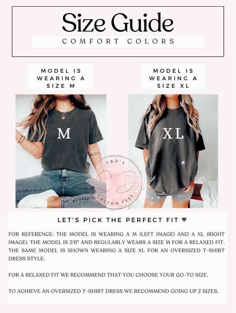 May include: Size guide for t-shirts with two models wearing different sizes. The model on the left is wearing a size M and the model on the right is wearing a size XL. The text "Let's pick the perfect fit" is displayed above the models.