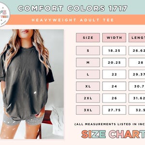 May include: Size chart for a heavyweight adult tee shirt. The chart shows the size, width in inches, and length in inches for sizes S, M, L, XL, 2XL, and 3XL.