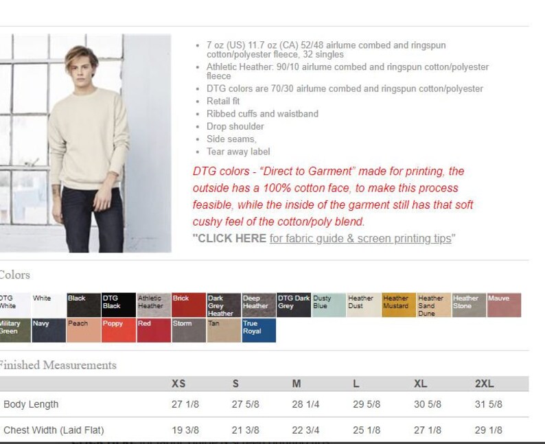 May include: A white crew neck sweatshirt with long sleeves and ribbed cuffs. The sweatshirt is made of a 70/30 airlume combed and ringspun cotton/polyester blend. The text "Direct to Garment" is printed on the image. The text explains that the outside of the garment is 100% cotton, while the inside is a cotton/poly blend. The image also shows a color chart with different colors of the sweatshirt.