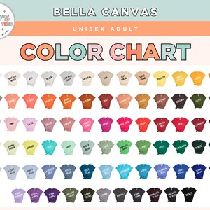 the color chart for bella canvas's unisex adult shirts