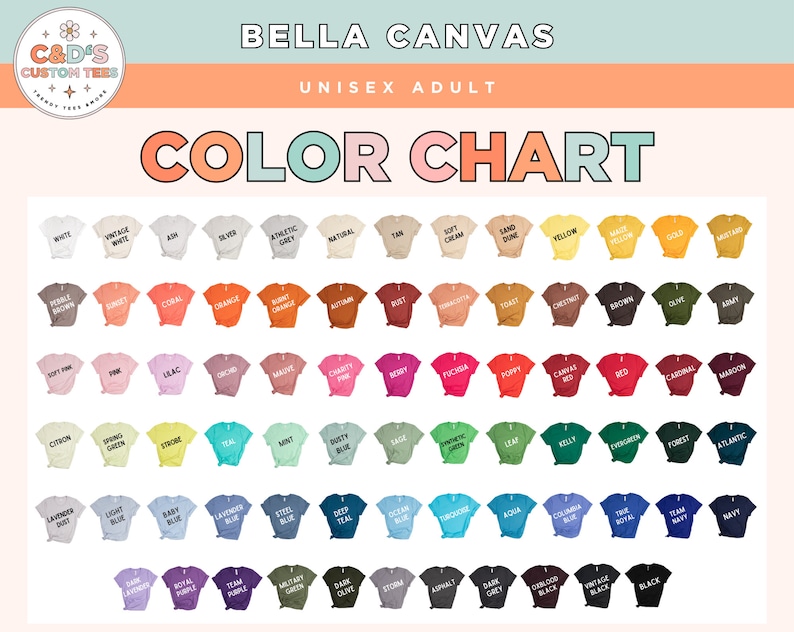 the color chart for bella canvas's unisex adult shirts