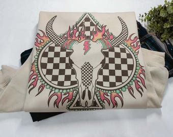 Sudadera bohemia - Sudadera vaquera - Sudadera con calavera de vaca - Sudadera vaquera rodeo - Camisetas vaqueras - Ropa campestre - Cuello redondo para mujer - Camisetas con gráficos